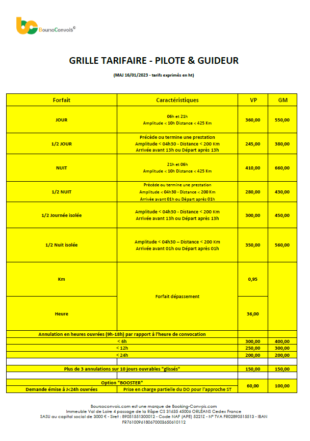 GRILLE TARIFAIRE PILOTE & GUIDEUR BoursoConvois